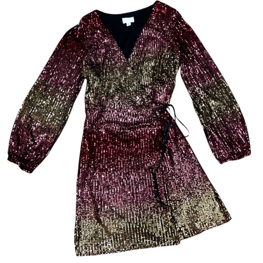 Premier Amour wrap sequins dress ombre gold red (burgandy) holiday party 16 NWT - Picture 2 of 11